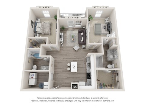 Floor plan for 2 beds, 2 baths, 1176 sqft